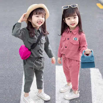 1-5 Korú lány ruhák, tavaszi, őszi kétrészes koreai verzió új egyszínű kardigán kabát + nadrág a divat, minőségi gyermek ruházat
