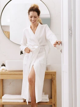 100%Pamut Crape Köntös Női Pizsama Tiszta Szín Hálóruházat a Közepén Borjú Fürdőköpeny Femme Zsebében Hálóruha Hosszú Ujjú Téli Homewear