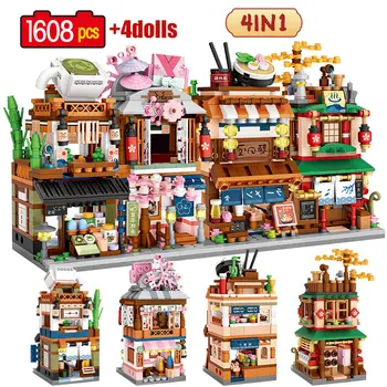1608pcs 4in1 Japán Stílusú Mini City Matcha Ház építőkövei Barátok Adatok Ramen Kulacs Tárolására Tégla Játékok Gyerekeknek Ajándék