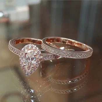 18K Rose Gold Princess Gyémánt Gyűrű készlet 2db Női Anillos Mujer Bizuteria Drágakő Femme Gyémánt Ékszer 18k Rózsa Arany Gyűrű