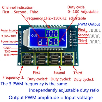1Hz-150Khz 3-utas jelgenerátor PWM Testület Modul Impulzus Frekvencia terhelhetőség Állítható Modul LCD Kijelző Továbbfejlesztett Változata