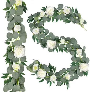 2 Csomag Mesterséges Eukaliptusz Garland Willow-val Szőlő, Gallyak, Levelek Selyem Fehér Rózsa, Rózsa, Szőlő, Eukaliptusz Szál