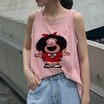 2021 Harajuku Kawaii Mafalda Nyomtatott Tank Felső Női Ujjatlan Nyári Ruha Mellény Femme Kerek Nyak Aranyos Mellény, Felsők pólók