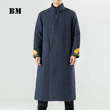 2021 Téli Meleg Pamut Vászon Hosszú Zubbonyok Férfi Ruházat Kínai Stílusú Hímzett Vastag Kabátban, Harajuku Férfi Széldzseki