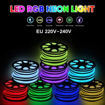 220V 240V RGB Neon Szalag Szett Vízálló EU Plug Dimmerable Rugalmas Szalag Szalag Lámpa lakberendezési 60leds/m 5050 LED Szalag