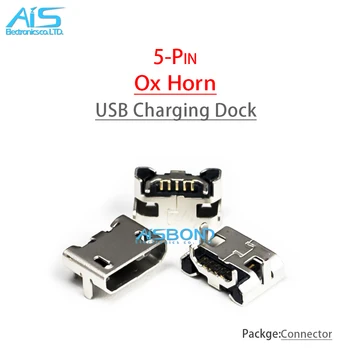 50Pcs Micro USB 5Pin Töltés Dock nem oldali Ökör szarv nő usb csatlakozó Lapos szája négy lába aljzat mini usb csatlakozó