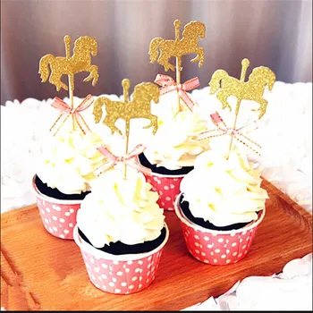 5db Ló Cupcake Topper A csokornyakkendő Csillogó Arany Körhinta lakodalom Fondant Torta Díszítő Eszközök DIY Kézzel készített Torta Dekoráció