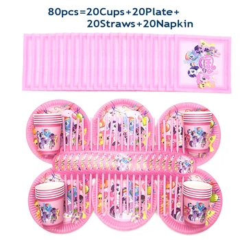 80pcs My Little Pony Téma születésnapi party kellékek gyerek dekoráció eldobható evőeszközök papír kupa szalma tányért, szalvétát a baba készlet