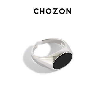 A Koreai Stílus S925 Sterling Ezüst Gyűrű Ins Átlag Stílus Geometriai Ovális Micro Egyengetni Achát Gyűrű Női Ezüst Gyűrű Négyzetméter Fekete