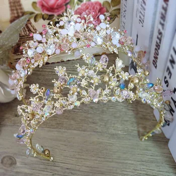 A Menyasszony Haját Ékszer Kézzel Készített Barokk Gyöngyös Luxus Rózsaszín Arany Korona Kristály Tiara Édes Hercegnő Fejdíszek Esküvői Haj Tartozékok