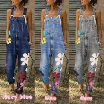 A Nők A Nyomtatás Virág Farmer Overált Hacukában Overall Új Lyuk Laza Vintage Jean Nadrág Női Alkalmi Hosszú Nadrág Plus Size