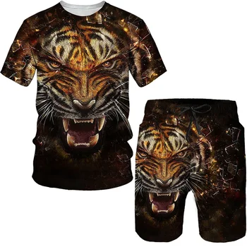 A Tigris Király Nyári 3D Nyomtatott Férfi póló, Rövidnadrág Szett Férfi Sportruházat Melegítőben O Nyakú Rövid Ujjú Férfi Ruházat, Öltöny