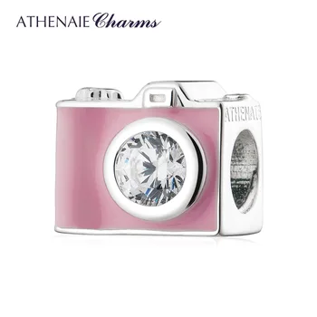 ATHENAIE 925 Sterling Ezüst Rózsaszín Zománc Vintage Travel Kamera Varázsa Illik Karkötő DIY Ékszerek Születésnapi Ajándék Nőknek