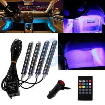 Auto Interni RGB Szín 9 LED Szalag Lámpa Készlet 12V Vezeték nélküli Zene Vezérlés Automatikus Vezérlő 7 Szín Légkör 9x4 LED Bar
