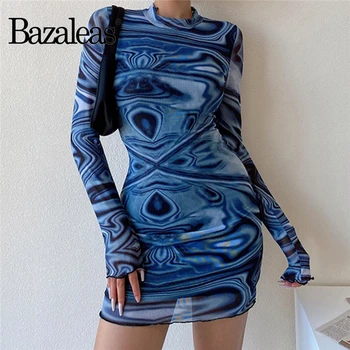 Bazaleas Vékony Kék Hullám Minta vestidos Vintage Hosszú ujjú női Ruha Divat Háló női mini ruha