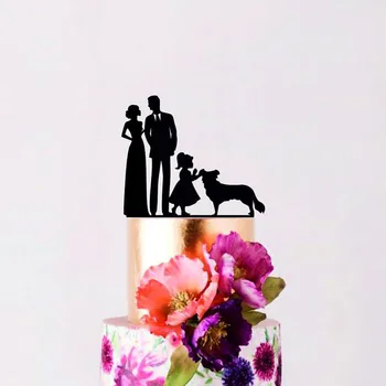 Családi Esküvői Torta Topper , Menyasszony, Vőlegény, a kislány kutya Torta Topper, Pár gyermek Torta Topper dekoráció, Kellékek