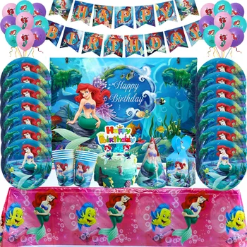 Disney Hableány Ariel Parti Dekoráció Diseny Princess Party Kellékek Hableány Szülinapi Eldobható Evőeszközök Kit Lány, Léggömbök