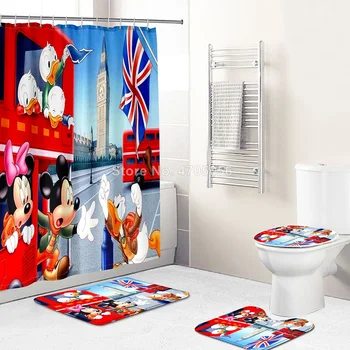 Disney Minnie Mickey Egér zuhanyfüggöny Wc Ajak Fedezze U Alakú Szőnyeg lakberendezés Fürdő Szett 3D Nyomtatás kampós zuhanyfüggöny