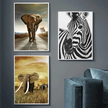 Elefánt, Zebra, Oroszlán, Zsiráf, Orrszarvú Fekete-Fehér Állat-Vászon Festmény, Art Nyomtatás, Poszter, Kép Északi Fal Dekoráció