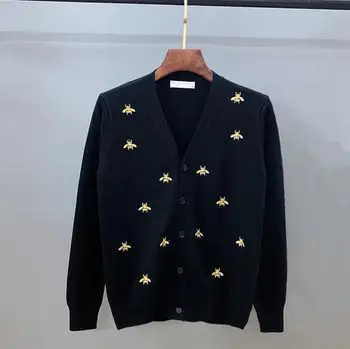 Európai, illetve Amerikai tervező jacquard kötött kardigán kabát kis méh arany fonállal hímzett pulóver V-nyak vékony pulóver
