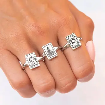 Faragott Hableány Gyűrűk A Nők A Császárné Tarot Kártya Gyűrű Állítható Szerencse Amulett, Nyílt Nap, Hold Gyűrű Vintage Ékszerek Anillo