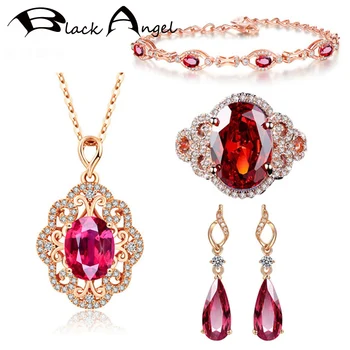 FEKETE ANGYAL 18K Rose Gold Ruby Drágakő Ékszer Szett Karkötő, Fülbevaló, Áttört Nyaklánc Állítható Gyűrű Női Esküvői Ajándék