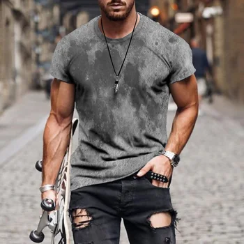 Fekete, fehér, rács 3D nyomtatás alkalmi trend T-shirt férfi rövid ujjú O-nyakú póló, szürke, fehér, nagy felbontású minta