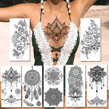 Fekete Henna Ideiglenes Tetoválás Matrica Reális Hamis Ékszer, Mandala Virág Tetoválás Nőknek Szexi Dreamcatcher Body Art Papír