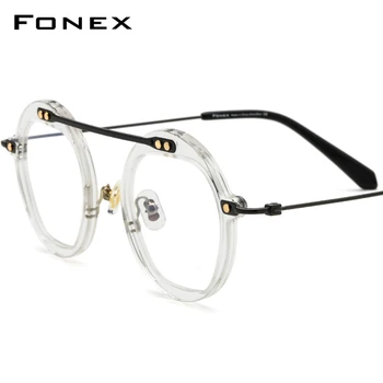 FONEX-Acetát Titán Szemüveg Férfiak 2021 Új Retro Sokszög Átlátszó Szemüveget Keret Nők Optikai Szemüveg F85678