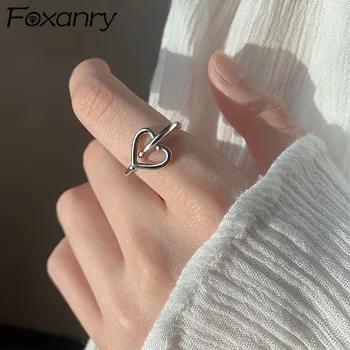 Foxanry 925 Sterling Ezüst Nyílt Gyűrűk INS Divat Párok Tartozékok Egyszerű Édes SZERELMES Szív Lányok Parti Ékszer Szerető Ajándékok