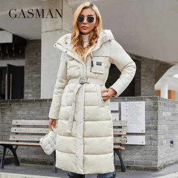 GASMAN 2021 Női kabát, Hosszú, elegáns, Divatos télikabát női márka Cipzáras zseb Meleg Kabát övvel Le kabátok 8189