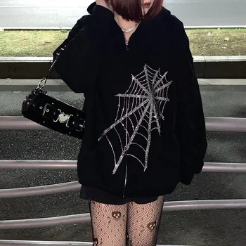 Gótikus Strasszos Pókháló Kapucnis Felső Női Punk Hosszú Ujjú Kapucnis Cipzáras Kabát Kabát Harajuku Női Túlméretezett Melegítőfelső