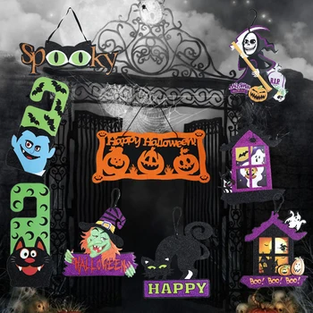 Halloween Party Dekoráció Tök Bat Boszorkány Ajtaján Lógó Dísz Jelek Szellem Fesztivál Üdvözlő Kártya Tőzsdei Öltöztetős Kellékek