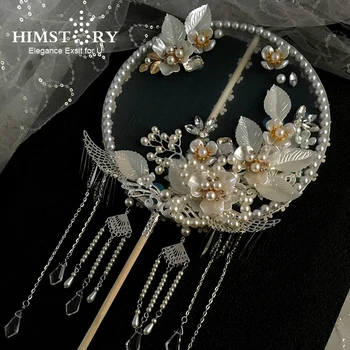 HIMSTORY Vintage Luxus Kínai Menyasszonyi Kezét Rajongó, Kezében Virágot Sokszög Kézzel készített Gyöngy Fehér Virágok, Esküvői Csokor