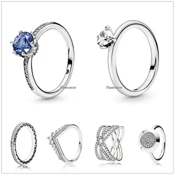 Hiteles 925 Sterling Ezüst, Kék, Csillogó Korona Kristály Gyűrű A Nők Esküvő Ajándék Európa Pandora Ékszer