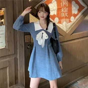 HOUZHOU Kawaii Preppy Stílus Dress Nők 2021 Őszi Íj, Édes Hosszú Ujjú Ruha, Elegáns koreai Style Köntös Streetwear