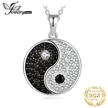 JewelryPalace Tai Chi Yin Yang 925 Sterling Ezüst Medál, Nyaklánc Nők Természetes Fekete Spinell Kerek Drágakő Medál Nem Lánc