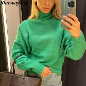 Klacwaya 2021 Női Divat Zöld Fele Magas Nyakú kötött pulóver Vintage Hosszú Ujjú, Laza Női Streetwear Alkalmi Pulóver Felső