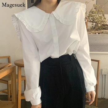 Koreai Elegáns Fodor Egysoros Fehér Blosue Nők Tavaszi Vintage Pamut Póló Női Hosszú Ujjú Plus Size Maximum Blusa 14836