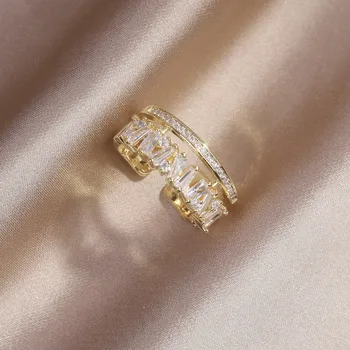 Koreai meleg eladási divat ékszer gyönyörű réz intarziás cirkon dupla réteg ring elegáns női nyitó állítható gyűrű