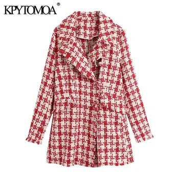 KPYTOMOA Női Divat houndstooth minta Tweed kabát Kabát Vintage Hosszú Ujjú Kopott Kárpitok Női Felsőruházat, Elegáns Felsők