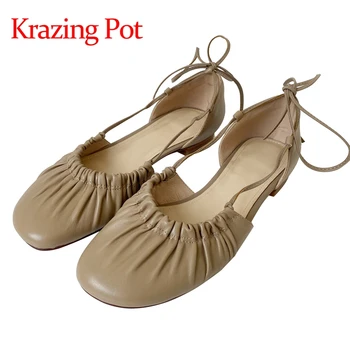 Krazing Pot valódi bőrből készült, kerek toe alacsony sarkú cipő kesztyű, cipő, egyszerű stílus, divat rakott boka csipke balett cipő női szivattyúk L41