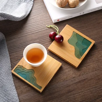 Kávé Eszközök Kreatív Epoxi Gyanta Átlátszó Bambusz Kerek Tea Hullámvasút Pohártartó Edényfogó Tea Asztal Dekoráció