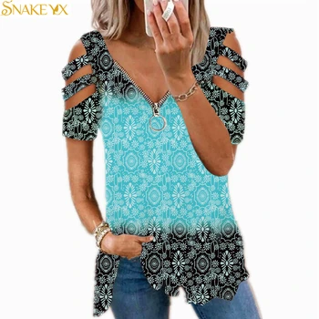 KÍGYÓ YX Grafikus póló Női Geometria Nyomtatott Rövid Ujjú Cipzár V-nyakú Alkalmi Plus Size Puha, Kényelmes, Vékony Nyári Felső