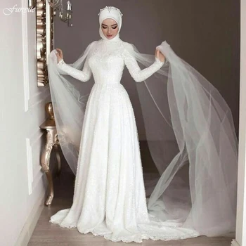 Köntös De Mariée 2021 Hosszú Ujjú Esküvői Ruhák Egy-Line Csipke Magas Nyakú Dubai arab Muszlim Hidzsáb Menyasszonyi Ruha, Fátyol