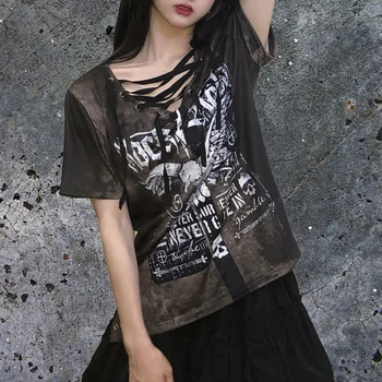Lady Gótikus Koponya Sas Nyomtatás Fűzőlyuk V Nyakú póló Punk Nők Harajuku Vékony Póló Nyári Lace-up Felső koreai Divat Ruhával