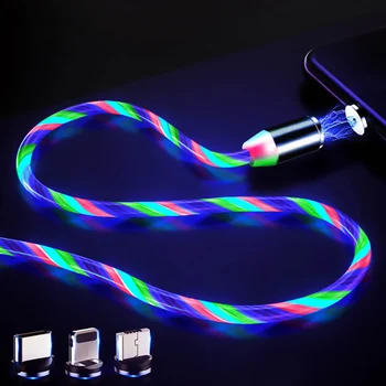 LED Fény Áramlik Mágneses Töltő Kábel Világító Világító Gyors Töltő Micro USB-C Típusú iPhone Android Telefon USBC Wire Kábel
