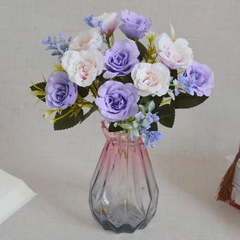 Lila Virágzó művirágok Rose Kis Csokor Selyem Hamis Virág DIY Dekoráció Otthon Esküvő Kert Koszorú Tartozékok