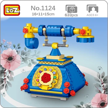 LOZ 1124 Kék Rotarydial Telefon Luxus Telefon Rózsa Virág 3D Modell DIY Mini Blokk Tégla Épület Játék a Gyermekek számára, nincs Doboz
