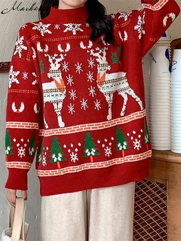 Macheda Őszi/Téli új Karácsonyi kötött, laza pulóver ünnepi Piros Elk hópehely pulóver Utcán ünnepi hangulatot téli pulóver